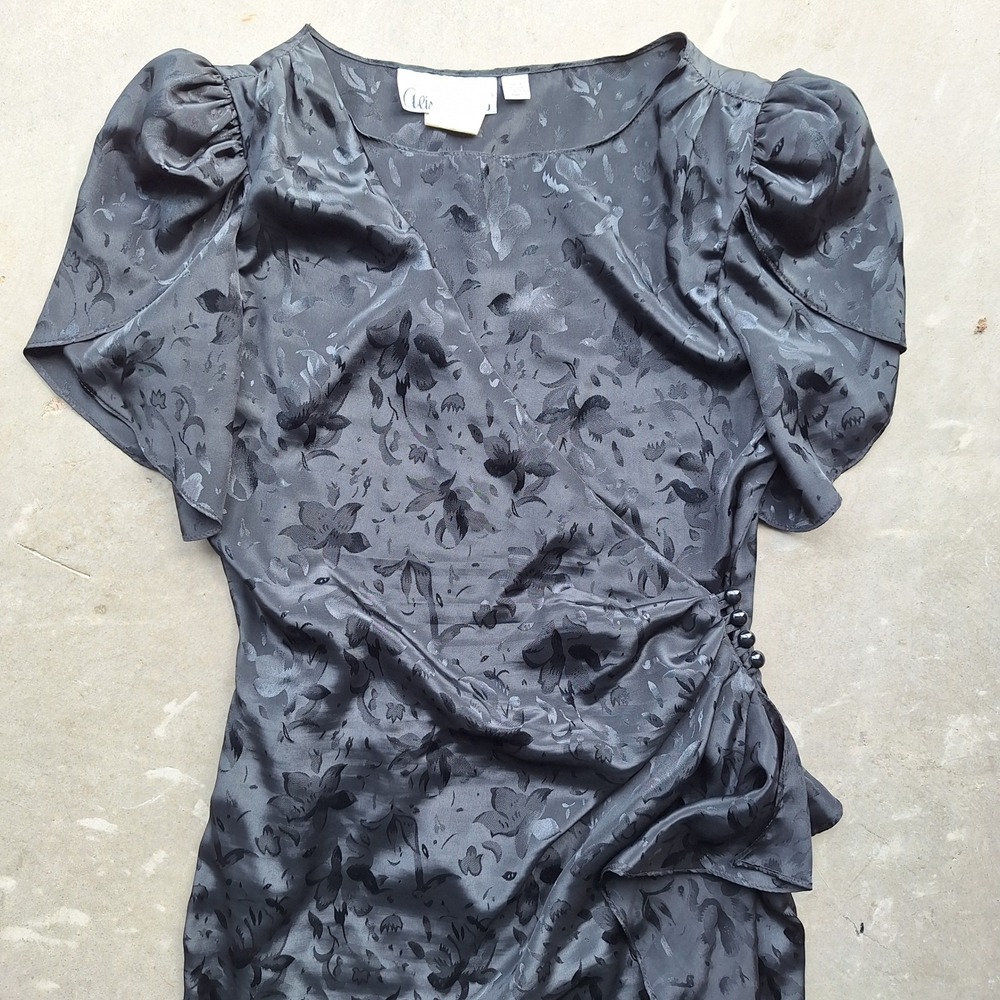 Vintage 80s Black Satin Damask Floral Whimsigoth Flounce Flutter Peplum Dress 10